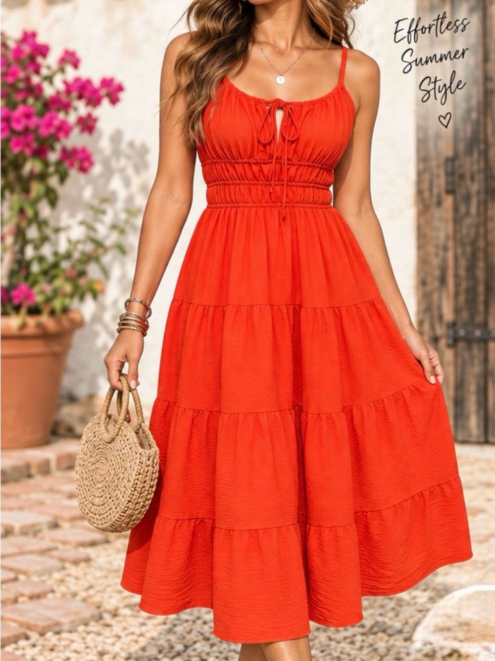 Monteau  Los Angeles Smocked Waist Tiered Midi Dress in Bright Red Sz L